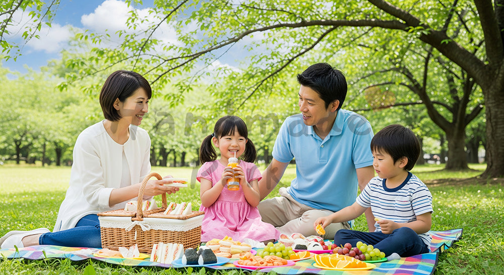 フリー素材 無料 写真｜公園の芝生でピクニックを楽しむ日本人家族のレジャーシーン 背景素材