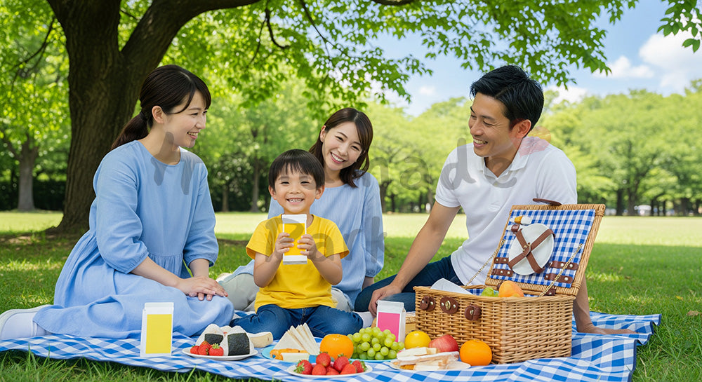 フリー素材 無料 写真｜公園の芝生でピクニックを楽しむ日本人家族のレジャーシーン