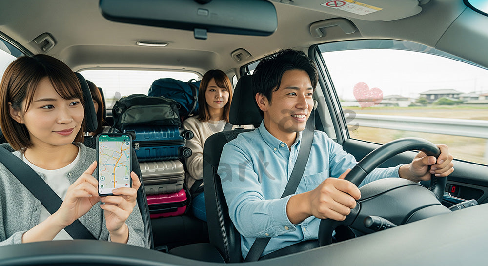 フリー素材 無料 写真｜友人グループが車でドライブ旅行に出発する日本人若者の車内シーン 写真背景