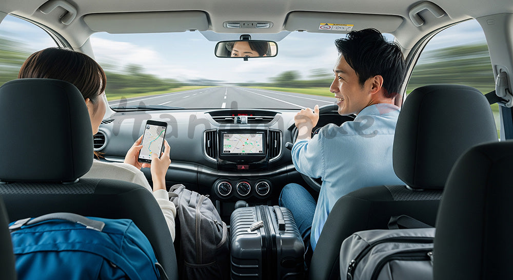 フリー素材 無料 写真｜友人グループが車でドライブ旅行に出発する日本人若者の車内シーン