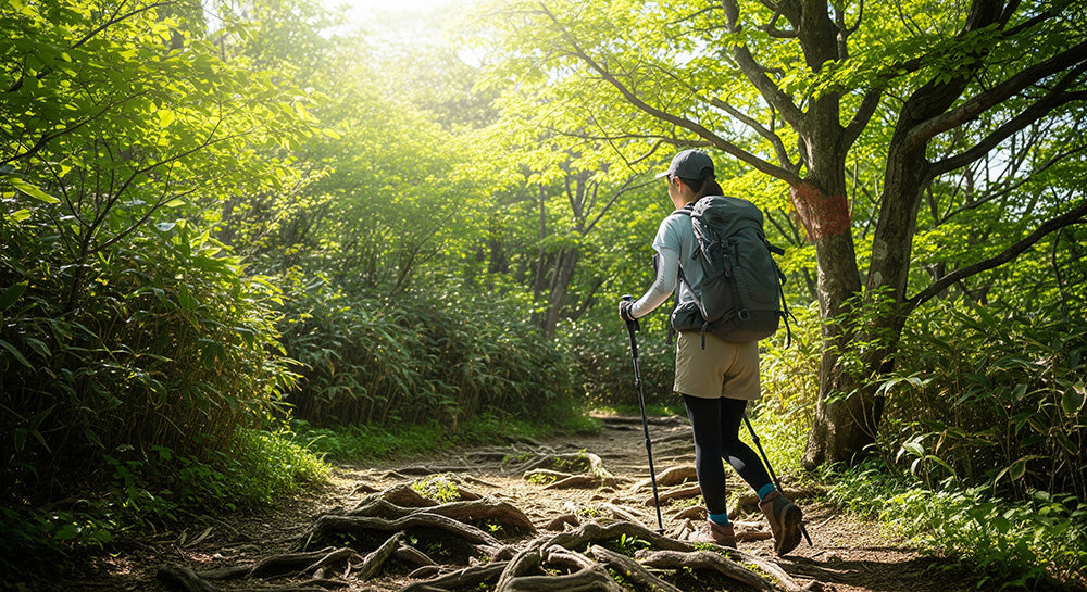 フリー素材 無料 写真｜山道トレイルを歩く日本人女性ハイカーのアウトドア・登山シーン 背景素材