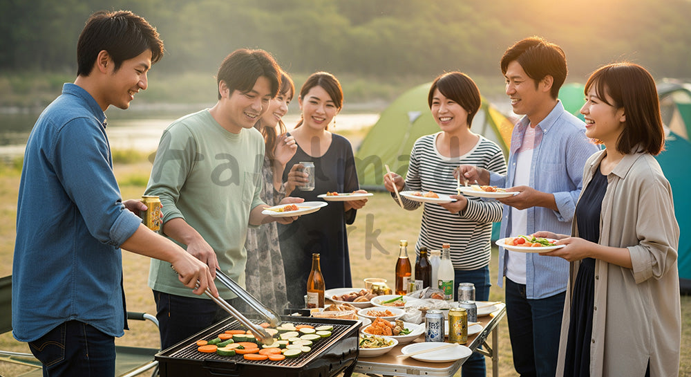 フリー素材 無料 写真｜河川敷でBBQを楽しむ日本人友人グループのアウトドアレジャーシーン 背景素材