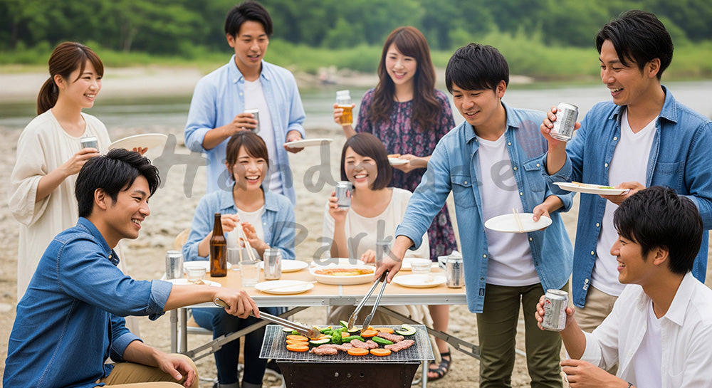 フリー素材 無料 写真｜河川敷でBBQを楽しむ日本人友人グループのアウトドアレジャーシーン