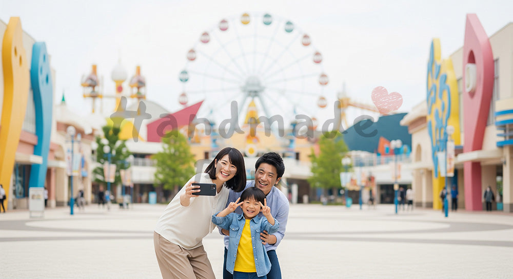 フリー素材 無料 写真｜遊園地風の広場で写真撮影を楽しむ日本人家族のテーマパークレジャーシーン（表現2）