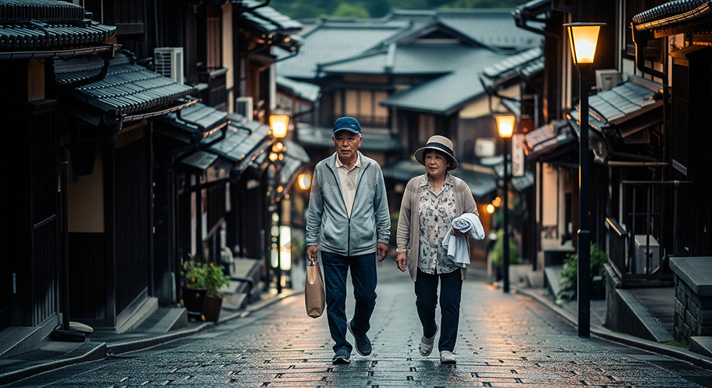フリー素材 無料 写真｜温泉街の石畳をゆっくり散歩する日本人シニア夫婦の温泉旅行シーン（表現1）