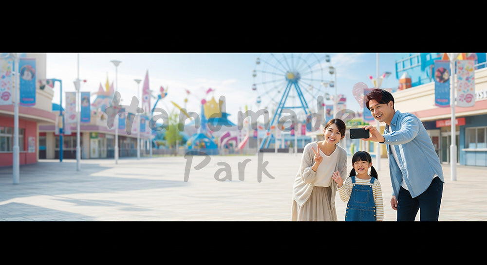 フリー素材 無料 写真｜遊園地風の広場で写真撮影を楽しむ日本人家族のテーマパークレジャーシーン