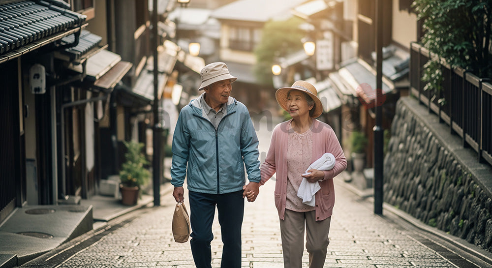 フリー素材 無料 写真｜温泉街の石畳をゆっくり散歩する日本人シニア夫婦の温泉旅行シーン 余白あり