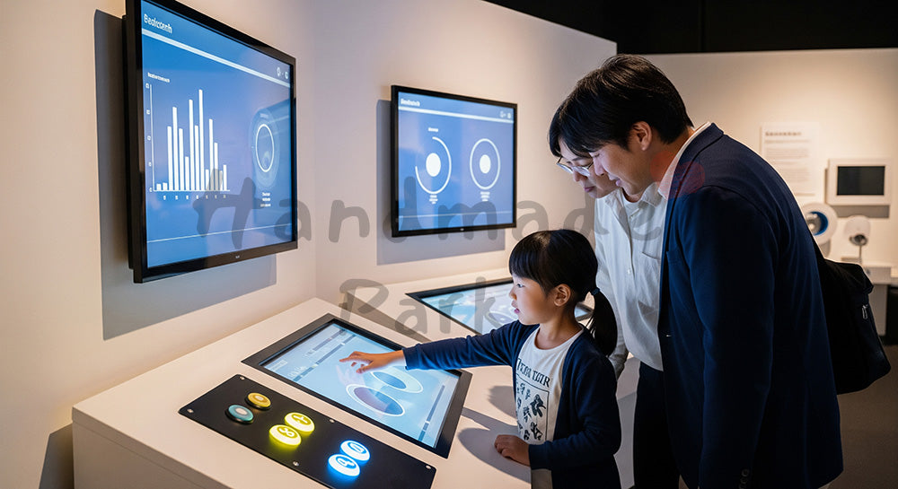 フリー素材 無料 写真｜科学館のインタラクティブ展示を親子で体験する日本人家族の学びレジャーシーン