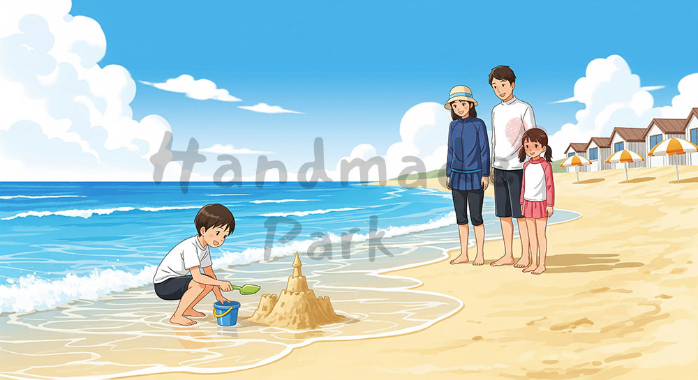 フリー素材 無料 写真｜夏の砂浜で波打ち際遊びを楽しむ日本人家族のビーチレジャーシーン