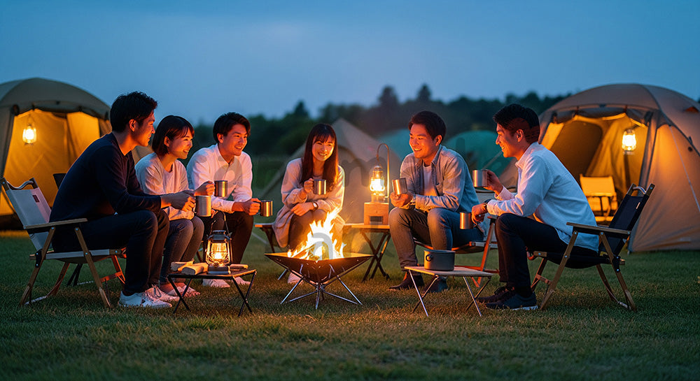 フリー素材 無料 写真｜キャンプ場で焚き火を囲む日本人友人グループのアウトドアキャンプレジャー