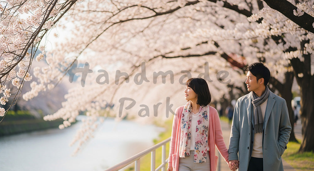フリー素材 無料 写真｜桜並木の下を散歩する日本人カップルの春の花見・お花見デートシーン 写真背景