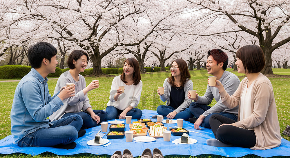 フリー素材 無料 写真｜桜の木の下でブルーシートを広げ花見を楽しむ日本人友人グループ（表現3）