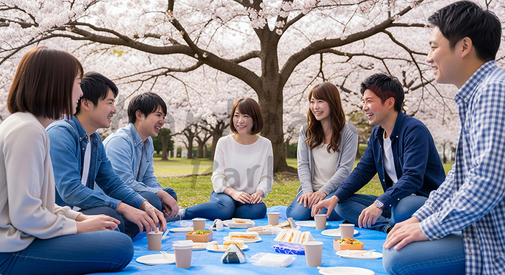 フリー素材 無料 写真｜桜の木の下でブルーシートを広げ花見を楽しむ日本人友人グループ（表現2）