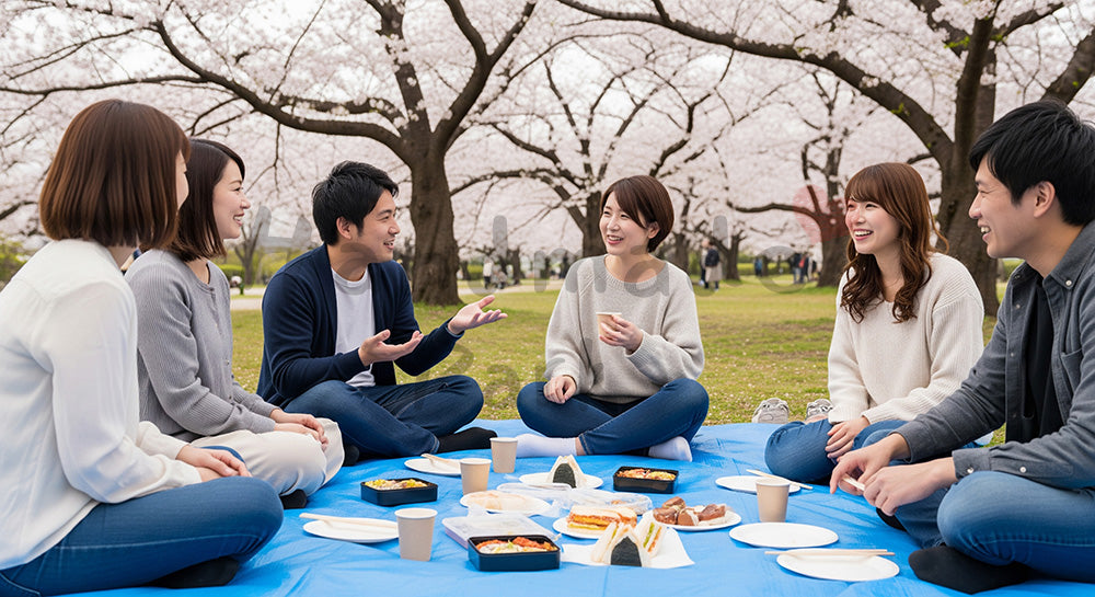 フリー素材 無料 写真｜桜の木の下でブルーシートを広げ花見を楽しむ日本人友人グループ（表現1）
