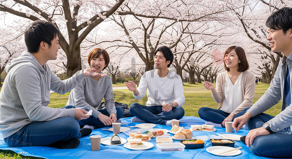 フリー素材 無料 写真｜桜の木の下でブルーシートを広げ花見を楽しむ日本人友人グループ コピースペースあり