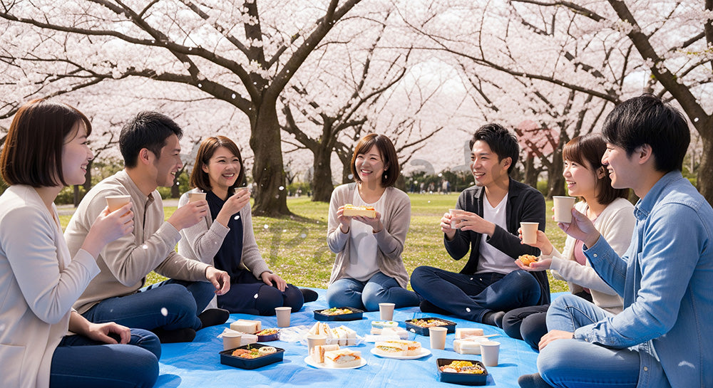 フリー素材 無料 写真｜桜の木の下でブルーシートを広げ花見を楽しむ日本人友人グループ 余白あり