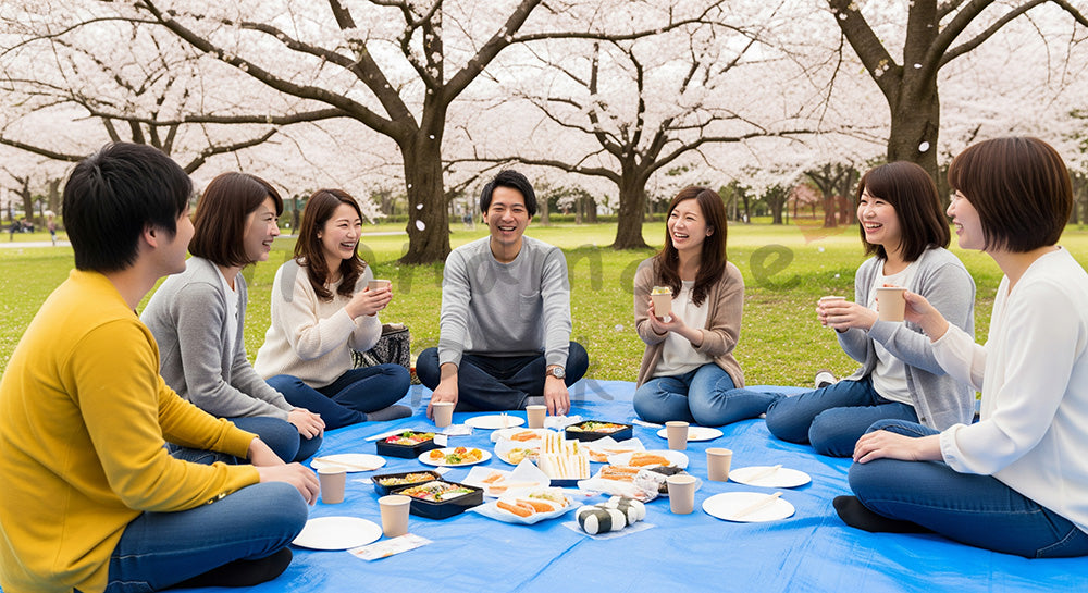 フリー素材 無料 写真｜桜の木の下でブルーシートを広げ花見を楽しむ日本人友人グループ 背景素材