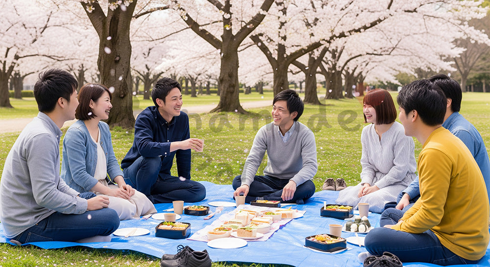フリー素材 無料 写真｜桜の木の下でブルーシートを広げ花見を楽しむ日本人友人グループ