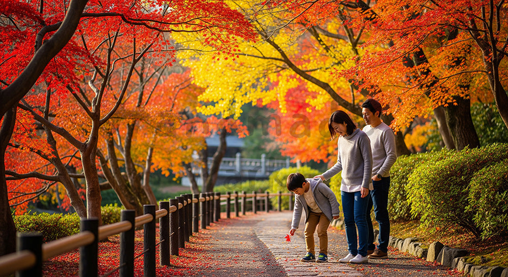 フリー素材 無料 写真｜紅葉の公園を家族で散策する日本人家族の秋の観光シーン 余白あり
