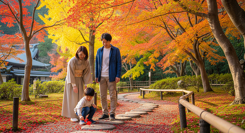 フリー素材 無料 写真｜紅葉の公園を家族で散策する日本人家族の秋の観光シーン 写真背景