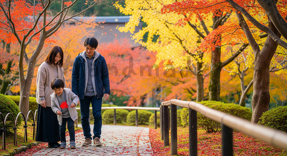 フリー素材 無料 写真｜紅葉の公園を家族で散策する日本人家族の秋の観光シーン