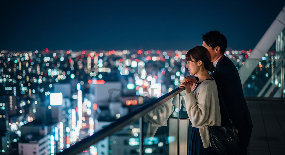 フリー素材 無料 写真｜高層ビルの屋上テラスから夜景を眺める日本人カップルのシティレジャーシーン 余白あり
