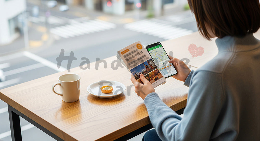 フリー素材 無料 写真｜旅先カフェでガイドブックとスマホを見ながら次の目的地を考える日本人女性 背景素材