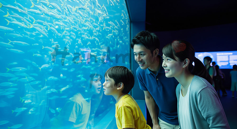 フリー素材 無料 写真｜大きな水槽の前で魚を見上げる日本人家族の水族館レジャーシーン 写真背景