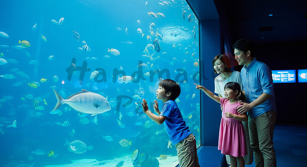 フリー素材 無料 写真｜大きな水槽の前で魚を見上げる日本人家族の水族館レジャーシーン 背景素材