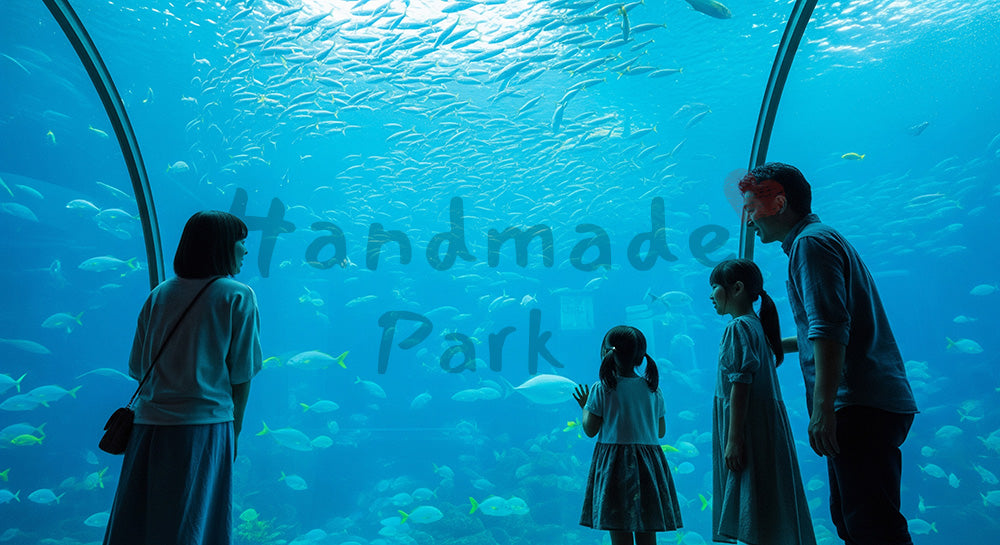 フリー素材 無料 写真｜大きな水槽の前で魚を見上げる日本人家族の水族館レジャーシーン