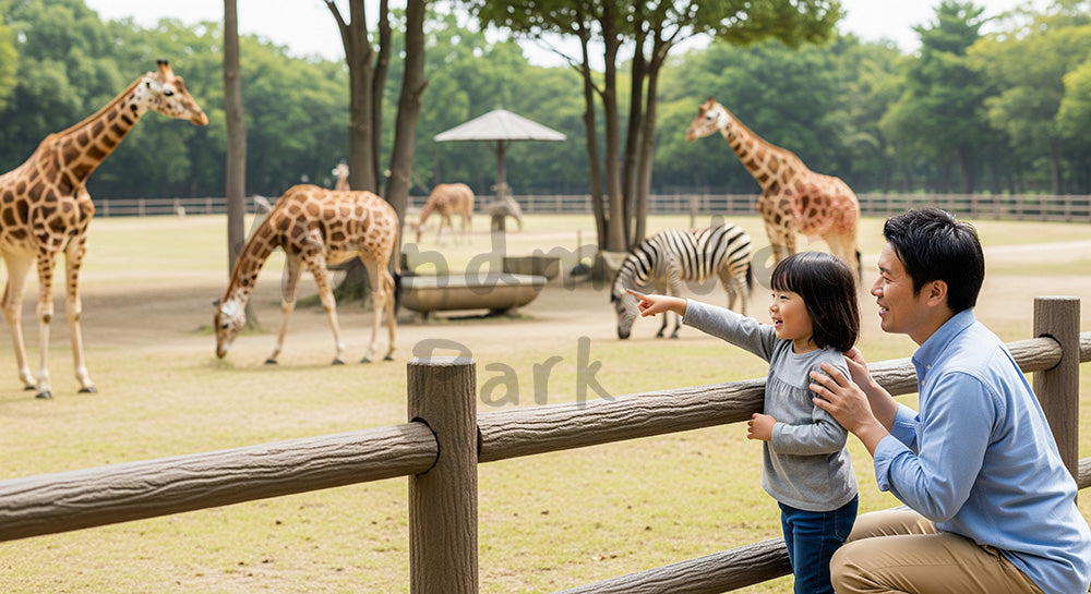 フリー素材 無料 写真｜動物園でキリン風の動物を眺める日本人親子のファミリーレジャーシーン 写真背景