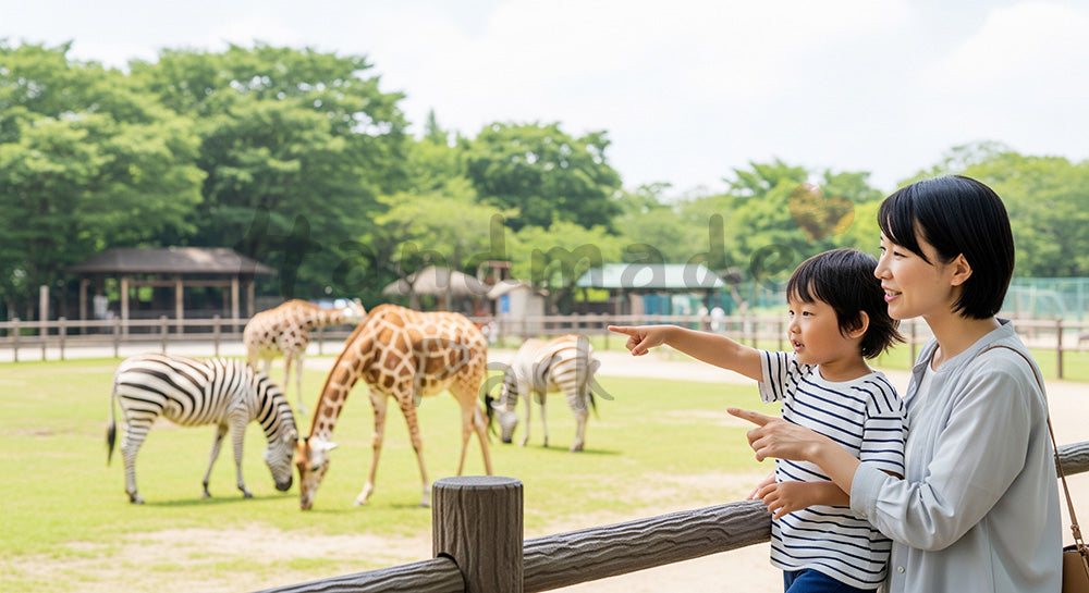フリー素材 無料 写真｜動物園でキリン風の動物を眺める日本人親子のファミリーレジャーシーン 背景素材