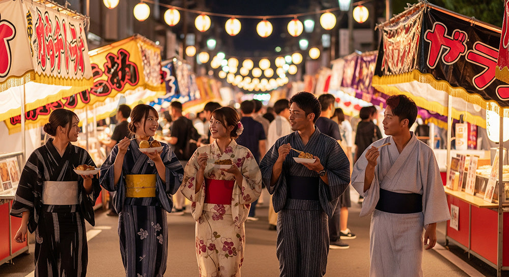 フリー素材 無料 写真｜夜の屋台通りで夏祭り風の雰囲気を楽しむ日本人友人グループ 背景素材