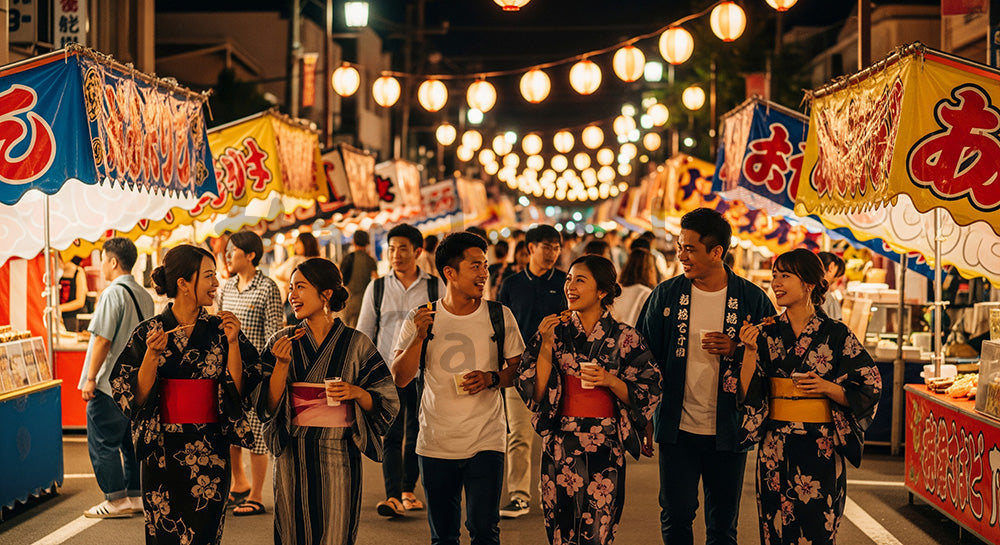 フリー素材 無料 写真｜夜の屋台通りで夏祭り風の雰囲気を楽しむ日本人友人グループ
