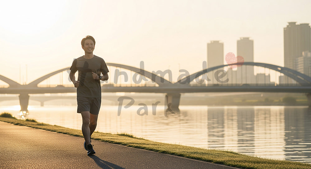 フリー素材 無料 写真｜川沿いの遊歩道で朝ランをする日本人男性ランナーのウェルネスレジャーシーン 余白あり