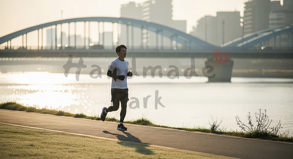 フリー素材 無料 写真｜川沿いの遊歩道で朝ランをする日本人男性ランナーのウェルネスレジャーシーン
