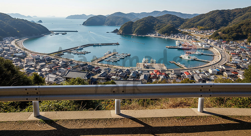 フリー素材 無料 写真｜高台から見下ろす日本の海沿いの港町風景（人物なし） 余白あり