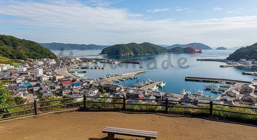 フリー素材 無料 写真｜高台から見下ろす日本の海沿いの港町風景（人物なし） 写真背景
