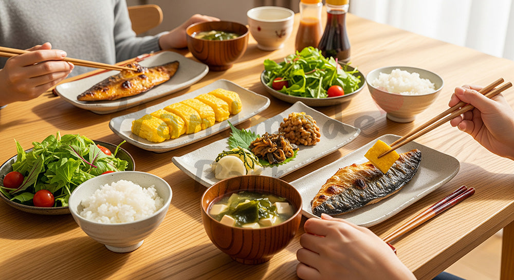 フリー素材 無料 写真｜木目テーブルに和朝食が並ぶ日本人家族の健康的な朝ごはんシーン（表現6）