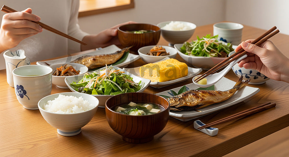 フリー素材 無料 写真｜木目テーブルに和朝食が並ぶ日本人家族の健康的な朝ごはんシーン（表現5）
