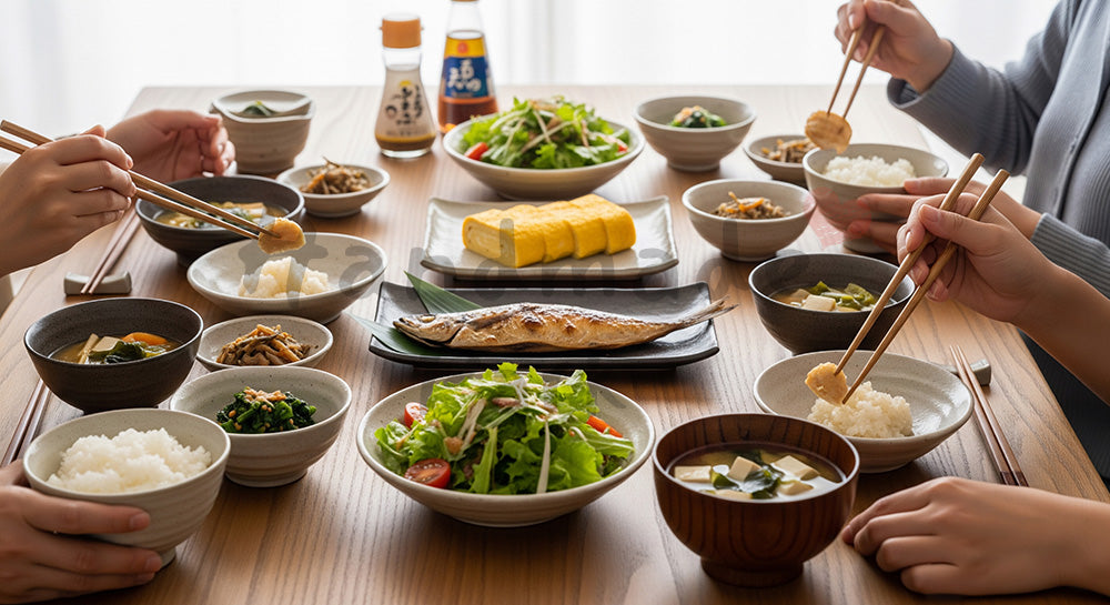 フリー素材 無料 写真｜木目テーブルに和朝食が並ぶ日本人家族の健康的な朝ごはんシーン（表現4）