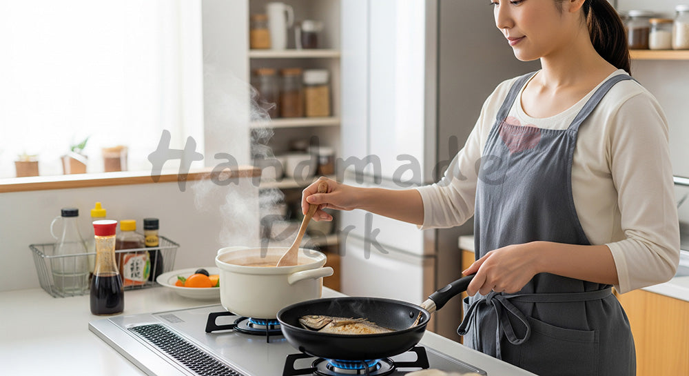フリー素材 無料 写真｜味噌汁と焼き魚の朝食をキッチンで自炊する日本人女性（表現7）