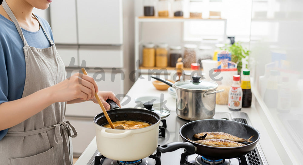 フリー素材 無料 写真｜味噌汁と焼き魚の朝食をキッチンで自炊する日本人女性（表現5）