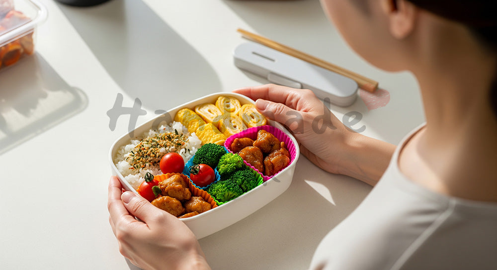 フリー素材 無料 写真｜高校生の子どものために彩りの良いお弁当を詰める日本人母親の手元シーン（表現7）