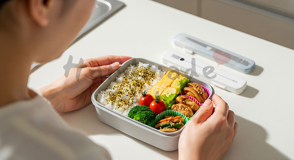フリー素材 無料 写真｜高校生の子どものために彩りの良いお弁当を詰める日本人母親の手元シーン（表現6）