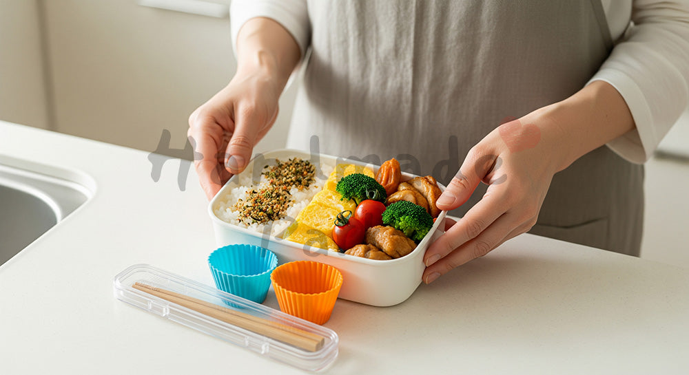 フリー素材 無料 写真｜高校生の子どものために彩りの良いお弁当を詰める日本人母親の手元シーン（表現5）