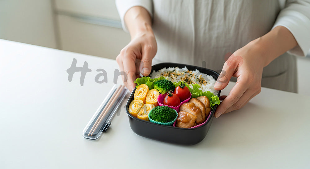 フリー素材 無料 写真｜高校生の子どものために彩りの良いお弁当を詰める日本人母親の手元シーン（表現4）