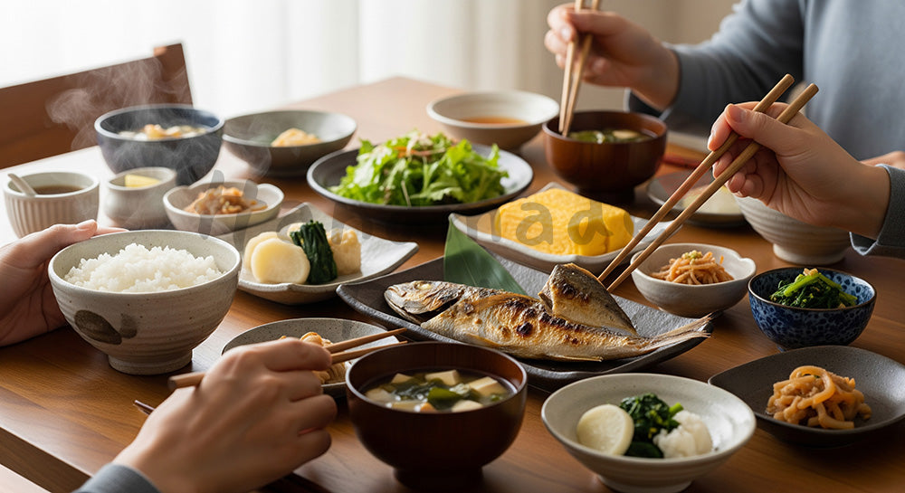 フリー素材 無料 写真｜木目テーブルに和朝食が並ぶ日本人家族の健康的な朝ごはんシーン（表現3）