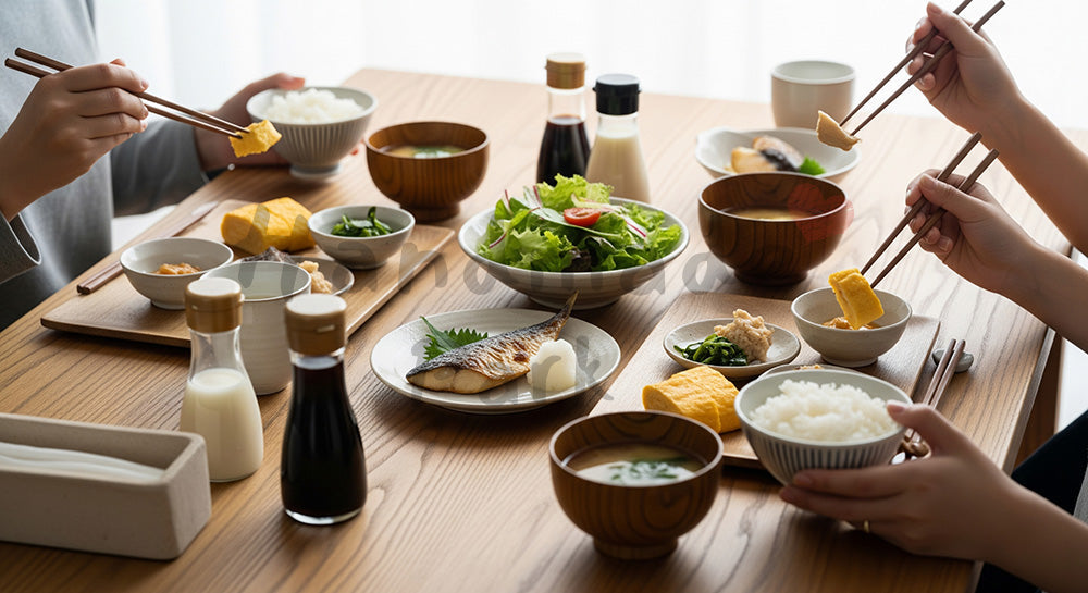 フリー素材 無料 写真｜木目テーブルに和朝食が並ぶ日本人家族の健康的な朝ごはんシーン（表現1）
