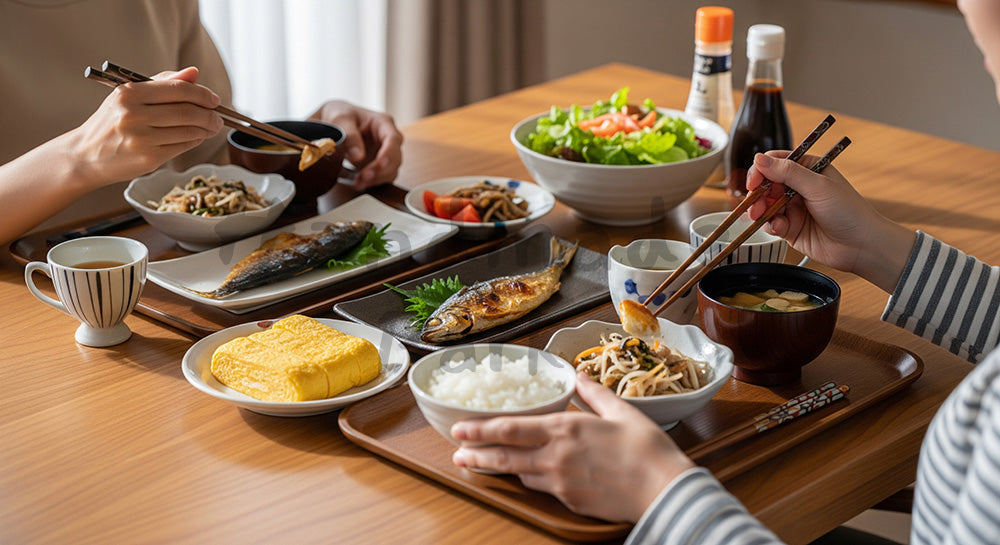 フリー素材 無料 写真｜木目テーブルに和朝食が並ぶ日本人家族の健康的な朝ごはんシーン コピースペースあり